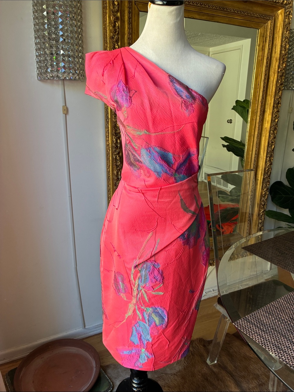 Lela Rose One-Shoulder Hot Pink Floral Sheath Dress size 4